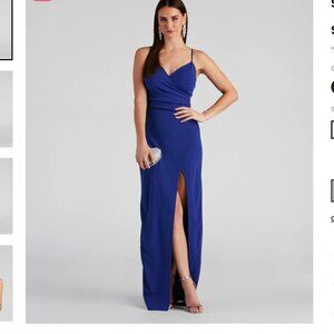 Windsor Sasha Formal High Slit Wrap Dress Royal Blue Large NWT